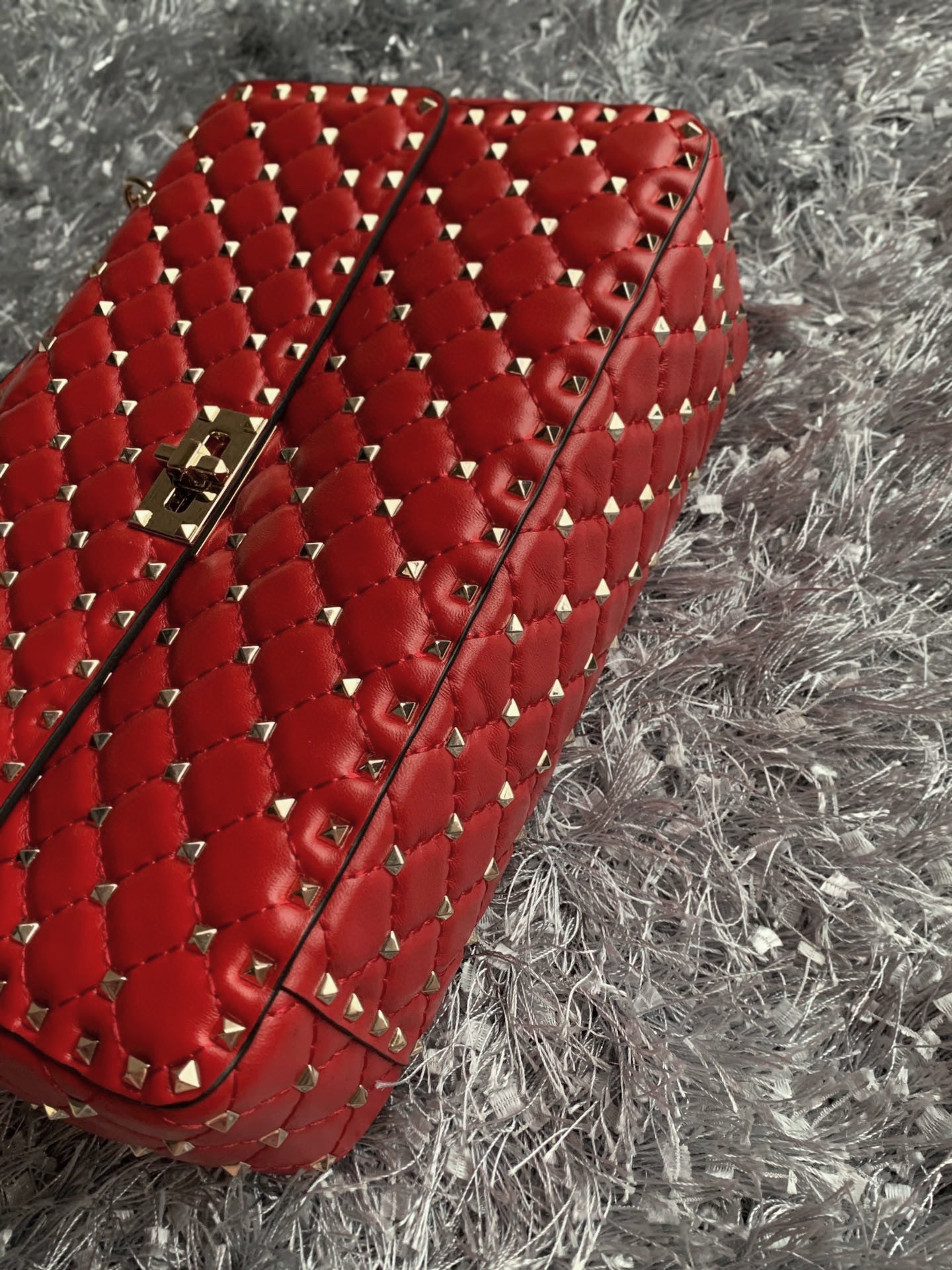 Valentino Garavani Rockstud Spike Big Chain Bag in Red Supple Lambskin Nappa